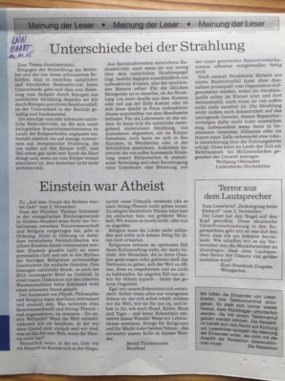 Leserbrief: „Unterschiede bei der Strahlung“ 14.11.15 Bild zum Schließen anclicken