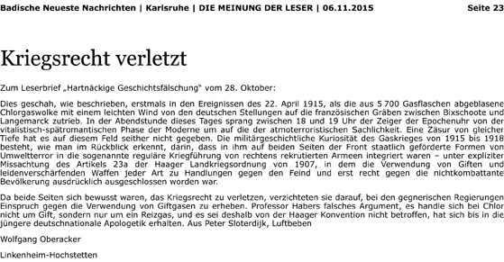 Leserbrief: „Kriegsrecht verletzt“ 6.11.15 Bild zum Schließen anclicken